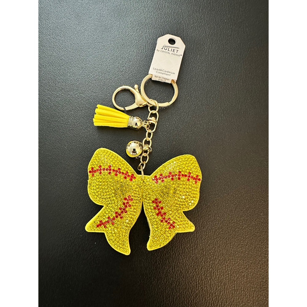 Juliet by Crystal Avenue Rhinestone Softball‎ Bow Keychain Yellow Tassel Charm